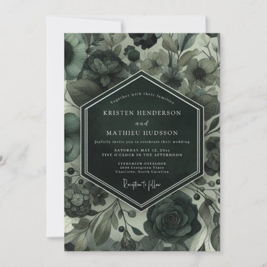 Tiefgrüne melancholische Blumenhochzeit Einladung (Vorderseite)