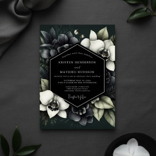 Tiefgrüne, melancholische Blumzeit-Hochzeit Einladung