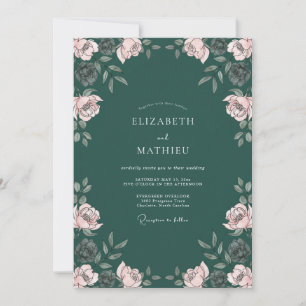 Tiefgrüne poetische Blütenhochzeit Einladung