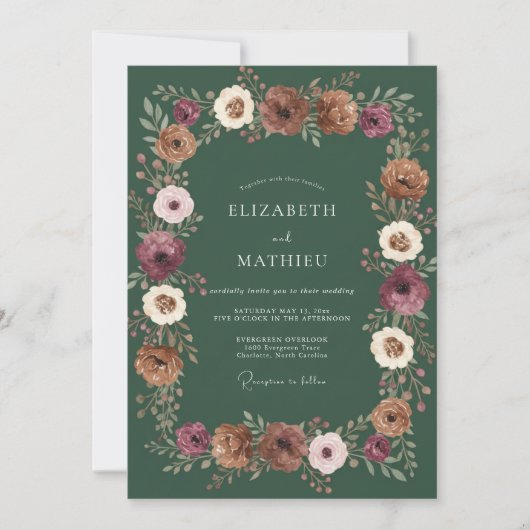 Tiefgrüne Rustikale Florale Hochzeit Einladung (Vorderseite)