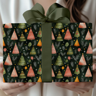 Tiefgrünes nordisches Weihnachtsbaum-Muster Geschenkpapier