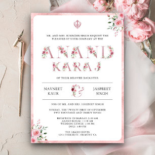 Tiefrosa florale Typografie Anand Karaj Sikh-Hochz Einladung