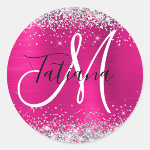 Tiefrosa Ombre-Folie Silber Glitter Monogramm Runder Aufkleber