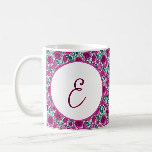 Tiefrosa Rosenmuster Monogramm Kaffeetasse (Links)
