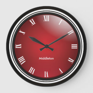 Tiefrot, schwarz u. Weiß mit römischen Zahlen Große Wanduhr