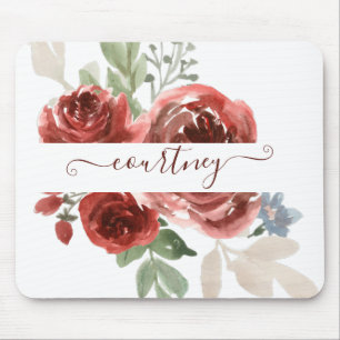 Tiefrote Aquarell-Blumen personalisiert Mousepad