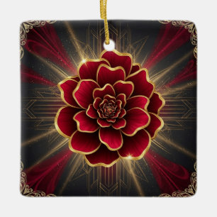 Tiefrote Art Deco-Blumenverzierung mit goldenen Ak Keramikornament
