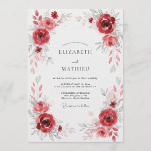 Tiefrote blumige Hochzeit mit floristischem Schwun Einladung