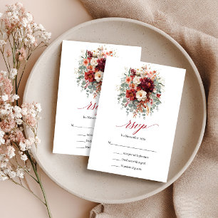 Tiefrote Boho-Blumen Herbst-Eukalyptus-RSVP-Karte RSVP Karte