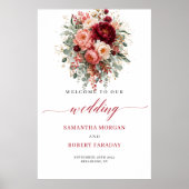 Tiefrote Boho-Blumen Herbst Eukalyptus Willkommen  Poster (Vorne)