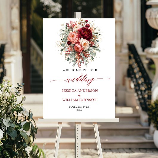 Tiefrote Boho-Blumen Herbst Eukalyptus Willkommen  Poster