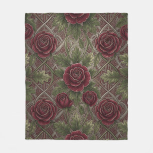 Tiefrote Burgunderrosen Grüne Ornamentale Gitter Fleecedecke