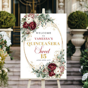 Tiefrote florale Eukalyptus-Gold-Quinceañera-Willk Poster