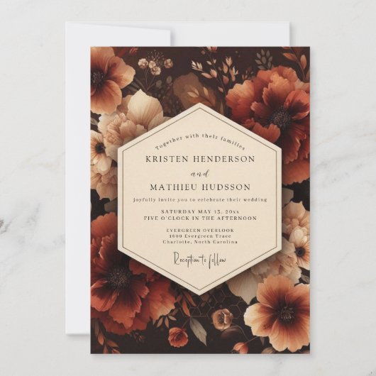 Tiefrote Florale Hochzeitsernte Einladung (Vorderseite)