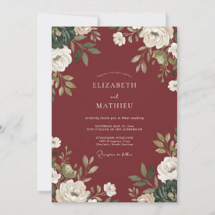Tiefrote Florale Wasserfarben-Hochzeit Einladung