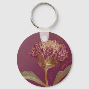 Tiefrote Goldene Botanische Blumenlinienzeichnung Schlüsselanhänger