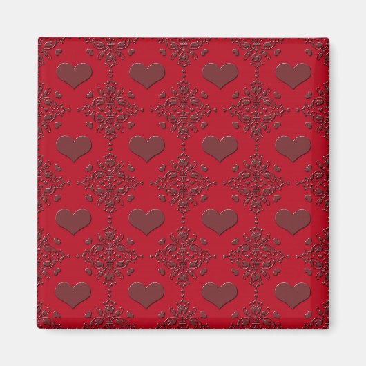 Tiefrote Herzen Damastmuster Magnet (Vorne)