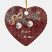 Tiefrote Imitate Linen (Leinenlook) Kiefernzapfen Keramik Ornament (Vorne)