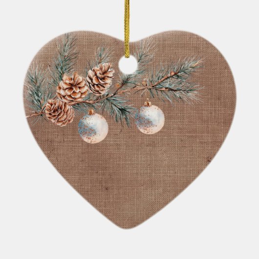 Tiefrote Imitate Linen (Leinenlook) Kiefernzapfen Keramik Ornament (Hinten)