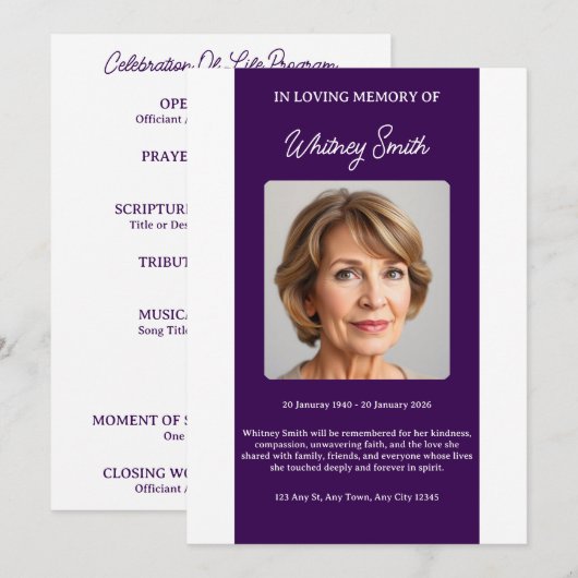 Tiefrote Pflaumen-Feier des Lebens Trauerprogramm Programm (Vorne/Hinten)