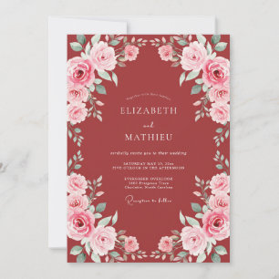 Tiefrote Romantische Florale Hochzeit Einladung
