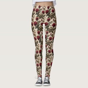Tiefrote Rosen mit dunkelgrünen Blättern Leggings