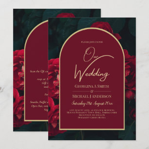 Tiefrote Rosen Waldgrüne Winterhochzeit Einladung