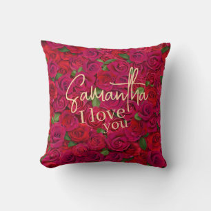 Tiefrote Rosenmuster Ich liebe dich mit individuel Kissen