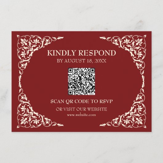 Tiefrote Ruby-QR-RSVP-Karte Begleitkarte (Vorderseite)