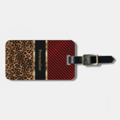 Tiefrote Streifen u. Leopard-Tier - Monogramm Gepäckanhänger (Vorderseite horizontal)