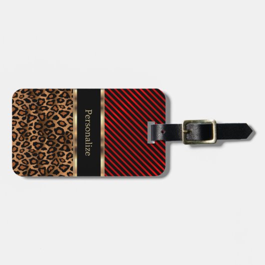 Tiefrote Streifen u. Leopard-Tier - Monogramm Gepäckanhänger (Vorderseite horizontal)