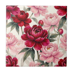 Tiefrote und rosa Pfingstrosen-Blumen-Aquarell-Mus Fliese
