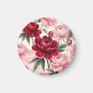 Tiefrote und rosa Pfingstrosen-Blumen-Aquarell-Mus Magnet