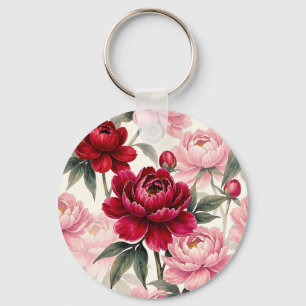 Tiefrote und rosa Pfingstrosen-Blumen-Aquarell-Mus Schlüsselanhänger
