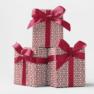 Tiefrote und weiße griechische Schlüssel-Muster Geschenkpapier