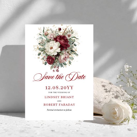Tiefroter Blush-Burgunder-Blumen-Save-the-Date Save The Date