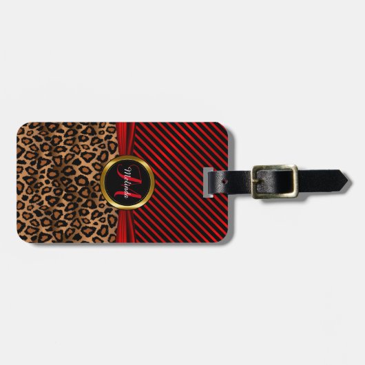 Tiefroter Leopard-Tierdruck - Monogramm Gepäckanhänger (Vorderseite horizontal)