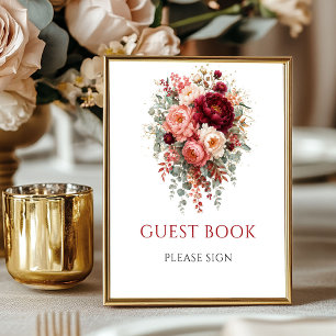 Tiefrotes Bohemian-Blumen-Gästebuch-Schild 8x10 Poster