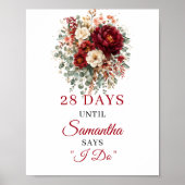 Tiefrotes Boho-Blumen-Hochzeitsdusche-Countdown-Sc Poster (Vorne)