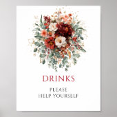 Tiefrotes Boho-Eukalyptus-Getränke-Tischschild Poster (Vorne)