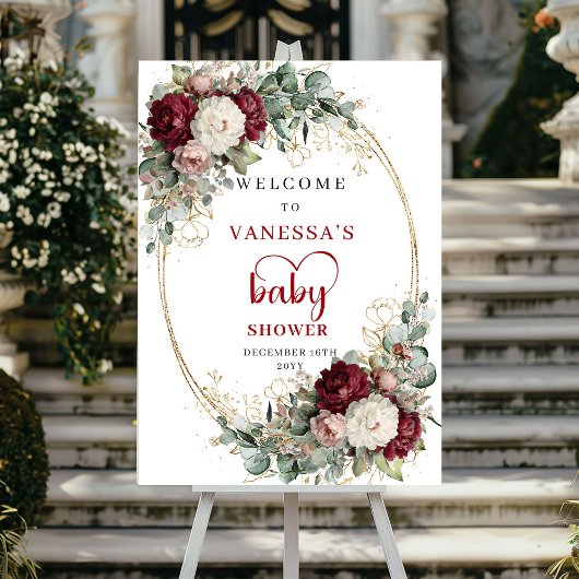 Tiefrotes Burgunder-Babyshower-Willkommensschild Poster