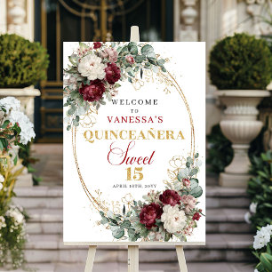 Tiefrotes Burgunder Florales Gold Quinceanera Will Poster