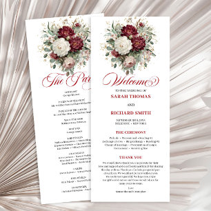 Tiefrotes Burgunderrot Florales Hochzeitsprogramm Programm