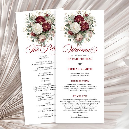 Tiefrotes Burgunderrot Florales Hochzeitsprogramm Programm