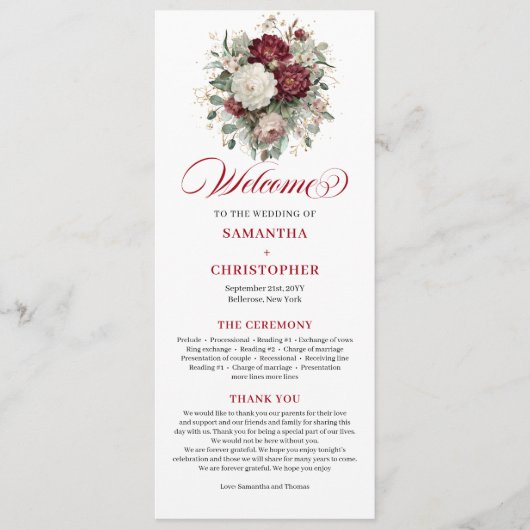 Tiefrotes Burgunderrot Florales Hochzeitsprogramm Programm (Vorderseite)