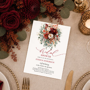 Tiefrotes Gold Burgunder Floral Herbst-Brautjungge Einladung
