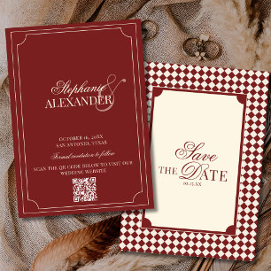 Tiefrotes Karo Old Money QR Code Hochzeit Save The Date