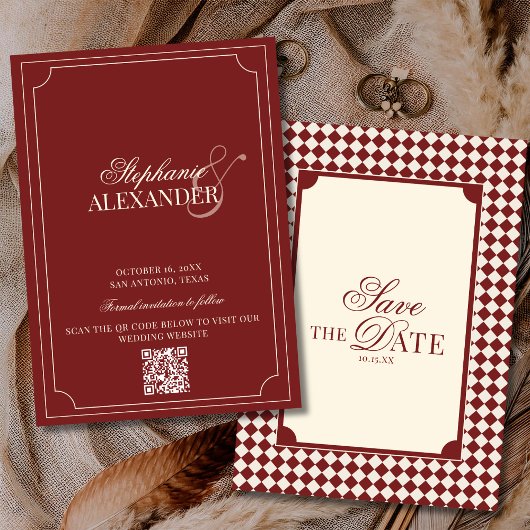 Tiefrotes Karo Old Money QR Code Hochzeit Save The Date