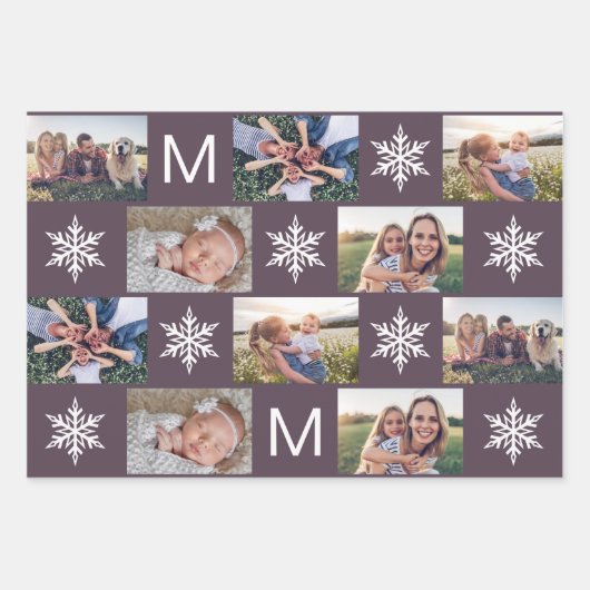 Tiefschneeflocken Monogramm-FotoCollage Geschenkpapier Set (Vorderseite)