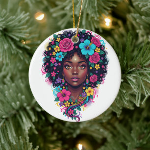 Tiefschwarze Frau mit leuchtend blumenverzierter A Keramik Ornament